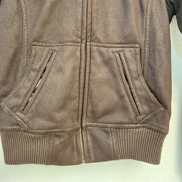 OBEY Rebel Yell Fleece Juniors Brown Faux Cracked Leather Zip Up Hooded Jacket. - Picture 4 of 14
